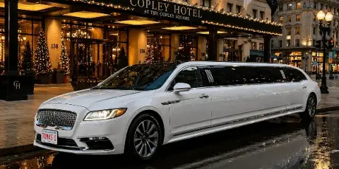 A white stretch limousine with a Massachusetts license plate reading 'TOMAS 1' parked on a wet street in front of the Copley Hotel.