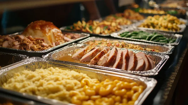 A catering spread featuring trays of sliced turkey, mashed potatoes, macaroni and cheese, and green beans.