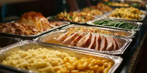 A catering spread featuring trays of sliced turkey, mashed potatoes, macaroni and cheese, and green beans.