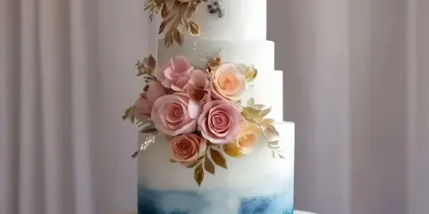 A five-tier white wedding cake decorated with pink roses and gold leaves, featuring a blue watercolor base, displayed on a white pedestal stand.