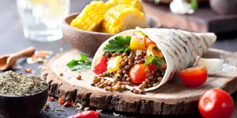 A close-up photograph of a food wrap filled with vegetables and lentils, served on a wooden board with fresh corn and tomatoes.