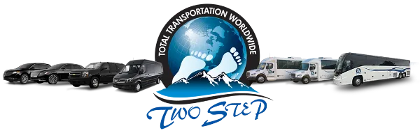 A lineup of black sedans, SUVs, white vans, and a coach bus displayed next to the Two Step Total Transportation Worldwide logo.