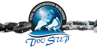 A lineup of black sedans, SUVs, white vans, and a coach bus displayed next to the Two Step Total Transportation Worldwide logo.