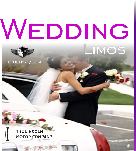 A bride and groom embracing next to a white limousine decorated with flowers.