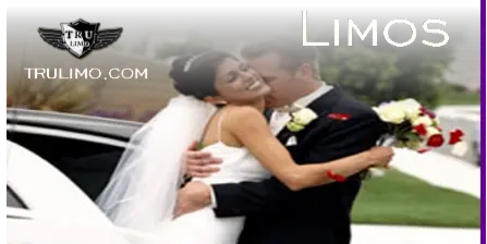A bride and groom embracing next to a white limousine decorated with flowers.