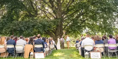 An outdoor wedding ceremony with guests seated in rows facing a couple under a large tree.