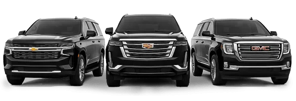 Three black luxury SUVs, including a Chevrolet, a Cadillac, and a GMC, parked side-by-side.