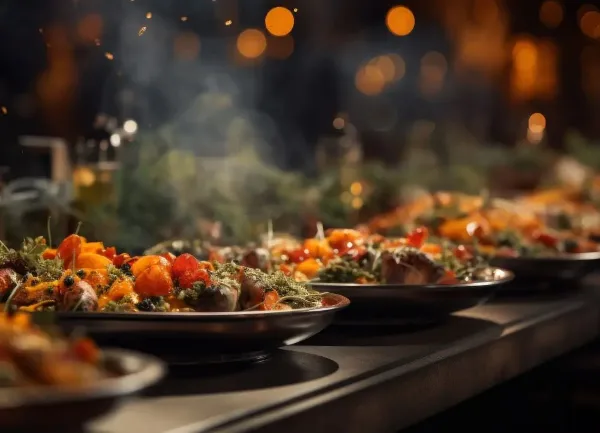 A row of plated gourmet dishes with steam rising, set on a dark surface with a warm, blurred background.