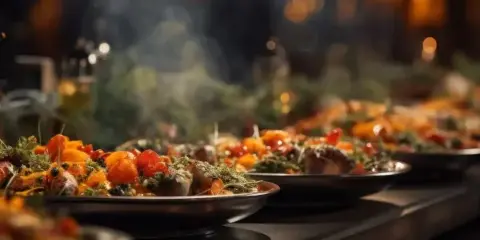 A row of plated gourmet dishes with steam rising, set on a dark surface with a warm, blurred background.