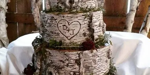 A four-tiered wedding cake decorated with a realistic birch bark pattern, greenery, and a heart monogram.