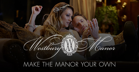 A bride and groom relaxing on a sofa with the Westbury Manor logo overlaid.
