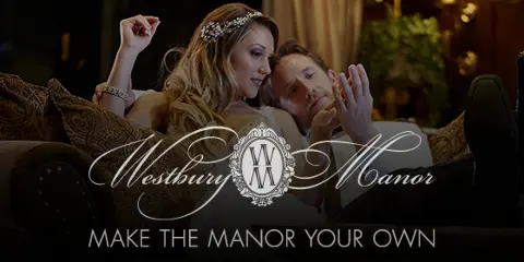 A bride and groom relaxing on a sofa with the Westbury Manor logo overlaid.