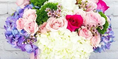 A vibrant floral arrangement featuring pink roses, white hydrangeas, and purple orchids arranged in a pink cylindrical box with a black ribbon.