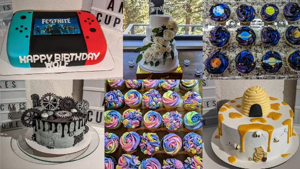 A collage of custom cakes and cupcakes, including a Fortnite controller cake, a white wedding cake with flowers, galaxy-themed cupcakes, a steampunk cake, and a Winnie the Pooh honey pot cake.