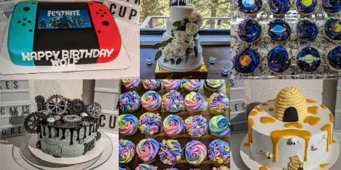 A collage of custom cakes and cupcakes, including a Fortnite controller cake, a white wedding cake with flowers, galaxy-themed cupcakes, a steampunk cake, and a Winnie the Pooh honey pot cake.