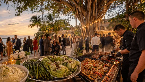 Chefs grilling steaks and vegetables at an outdoor wedding reception with guests in the background.