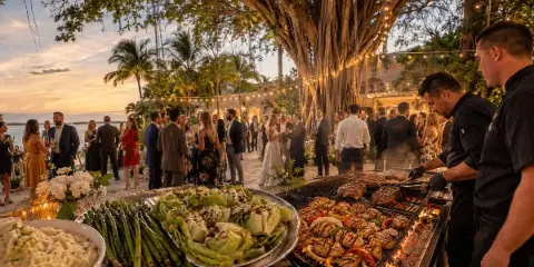 Chefs grilling steaks and vegetables at an outdoor wedding reception with guests in the background.