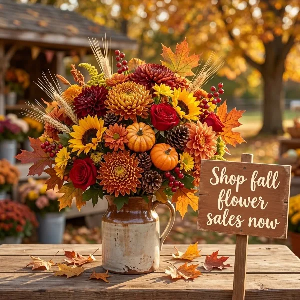 A rustic fall floral arrangement in a ceramic pitcher featuring chrysanthemums, roses, and sunflowers, displayed on a wooden table with a small sign.