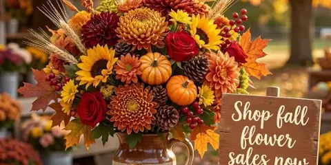 A rustic fall floral arrangement in a ceramic pitcher featuring chrysanthemums, roses, and sunflowers, displayed on a wooden table with a small sign.