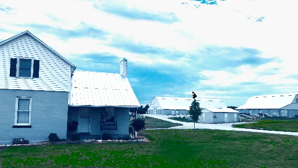 Rustic farm wedding venue with a white farmhouse in the foreground and multiple barns in the background under a cloudy sky.