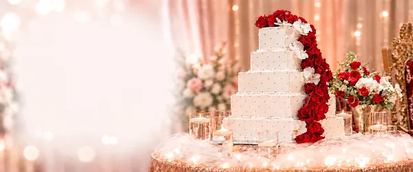 A five-tier white wedding cake decorated with a cascading arrangement of red roses and white orchids, displayed on a table with candles and floral arrangements.