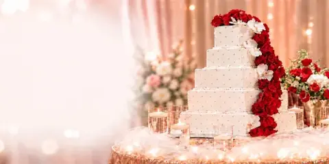 A five-tier white wedding cake decorated with a cascading arrangement of red roses and white orchids, displayed on a table with candles and floral arrangements.