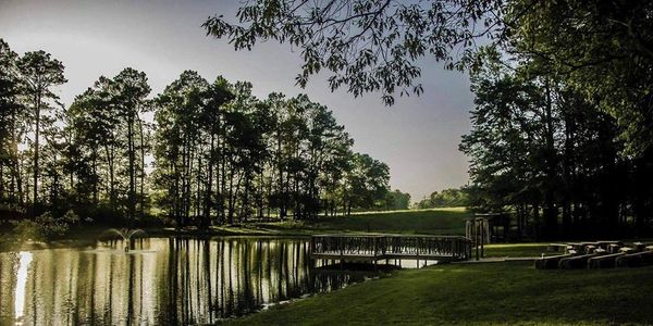 A scenic view of a rustic outdoor wedding venue featuring a lake, a wooden dock, and a line of pine trees.