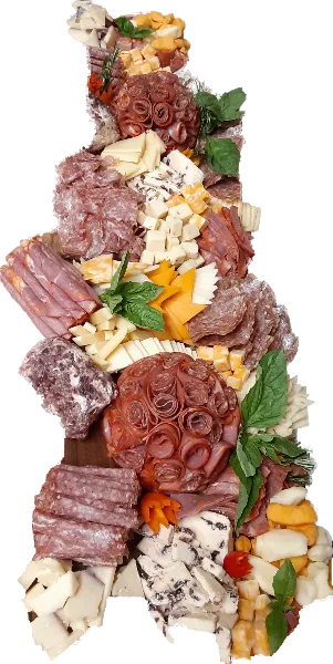 A large, vertically arranged catering platter featuring an assortment of cured meats, cheeses, and garnishes.