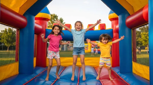 Three children jumping on a large, colorful inflatable bounce house outdoors.