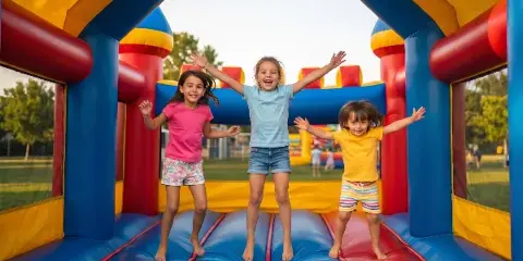 Three children jumping on a large, colorful inflatable bounce house outdoors.