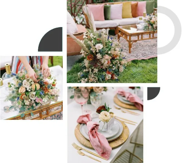 Collage of event styling with floral centerpieces, a sofa lounge setup, and a decorated table setting.