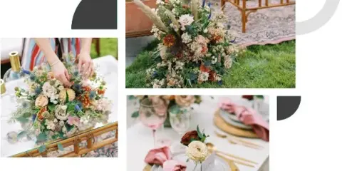 Collage of event styling with floral centerpieces, a sofa lounge setup, and a decorated table setting.