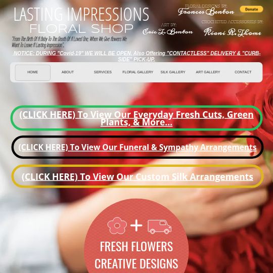 A hand holding a large bouquet of red roses, overlaid with the Lasting Impressions Floral Shop website interface and navigation links.