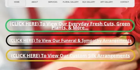 A hand holding a large bouquet of red roses, overlaid with the Lasting Impressions Floral Shop website interface and navigation links.
