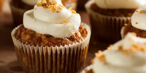 A close-up photograph of a cupcake with white frosting and crumb topping in a paper liner.