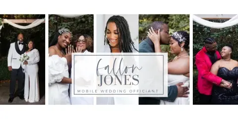 A collage of wedding ceremony photos showing officiant Fallon Jones performing services for multiple couples, with a central logo overlay.