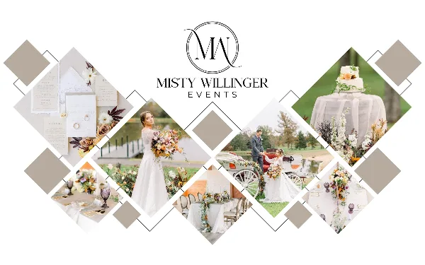 A wedding portfolio collage featuring a bride with a bouquet, a couple with a vintage carriage, a wedding cake, and table settings, branded with the Misty Willinger Events logo.