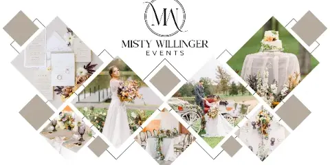 A wedding portfolio collage featuring a bride with a bouquet, a couple with a vintage carriage, a wedding cake, and table settings, branded with the Misty Willinger Events logo.