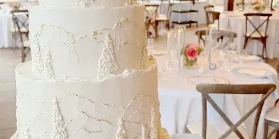 A four-tier white wedding cake decorated with piped mountain ranges and pine trees, displayed on a table in a banquet hall.