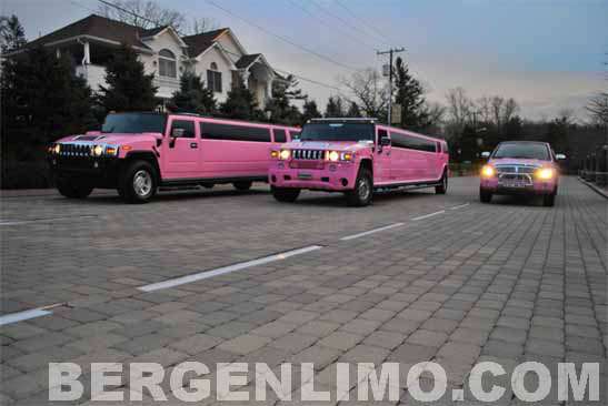 A fleet of pink Hummer limousines and a dark SUV parked on a paved driveway.