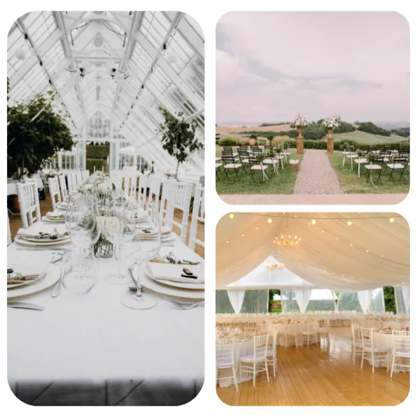 A collage showing three different wedding venue setups: a glass-walled conservatory with a long dining table, an outdoor ceremony aisle on a lawn, and a reception area inside a white tent with draping.