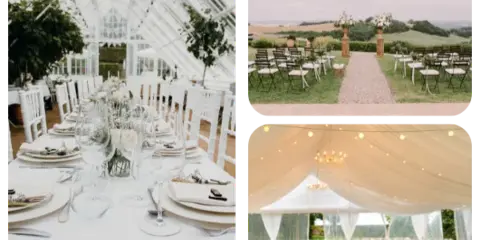 A collage showing three different wedding venue setups: a glass-walled conservatory with a long dining table, an outdoor ceremony aisle on a lawn, and a reception area inside a white tent with draping.