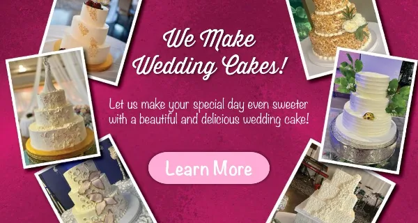 A promotional collage featuring several different styles of multi-tiered wedding cakes with various decorations.