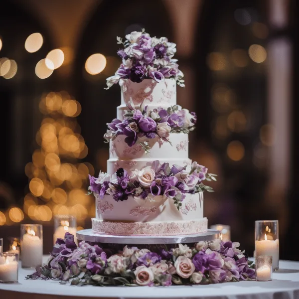 A four-tier white wedding cake decorated with purple and white flowers, displayed on a silver stand with candles in the background.