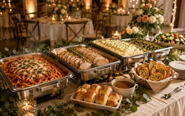 A catering buffet line featuring chafing dishes of spaghetti, sliced turkey, and mashed potatoes, set up in a wedding venue with floral arrangements.