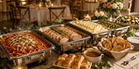 A catering buffet line featuring chafing dishes of spaghetti, sliced turkey, and mashed potatoes, set up in a wedding venue with floral arrangements.