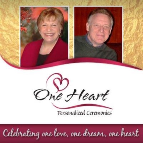 Portrait of wedding officiants Norma and Mark with the One Heart Personalized Ceremonies logo and tagline.