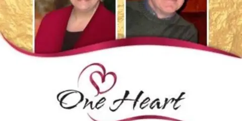 Portrait of wedding officiants Norma and Mark with the One Heart Personalized Ceremonies logo and tagline.