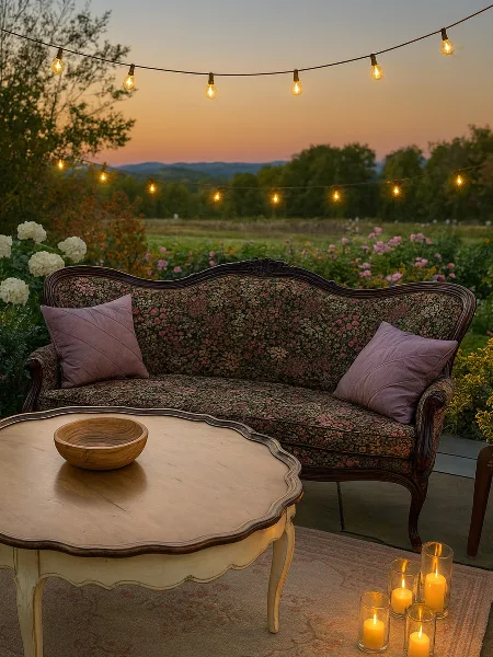 An antique floral sofa and vintage coffee table set up outdoors with string lights and candles.