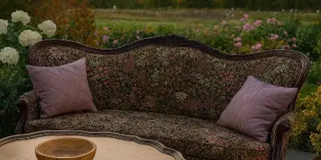 An antique floral sofa and vintage coffee table set up outdoors with string lights and candles.